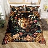 feelingyou Leopard Druck s Größe Bettdecke Set, Tropische Wildtiere Floral Reversible Set mit 1 Kissenbezügen, Aztec Tribal Geometry Plaid atmungsaktive Bettwäsche Set (Nicht Troster)