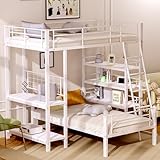LUTUTU Etagenbett Metallrahmen Hochbett 140 * 200, Multifunktionsbett mit Mehreren Ablagefächern (Weiß, 90 * 200cm)
