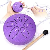 Zungentrommel Steel Tongue Drum 6 Töne Handpan Instrument Stahlzungentrommel Mini Pan Drum Percussion 3 Zoll Stahlzungen mit Schlägeln für Meditation Yoga (Lila)