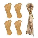 JIHUOO 100 Stück Anhängeschilder Geschenkanhänger Babyparty Etiketten Anhänger Kraftpapier Tags Hängeetiketten mit Jute Schnur Wunschkarten für Hochzeit Weihnachten Fußspuren