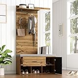 Merax Garderobe Set, Garderobenschrank Flur, Garderobe mit Sitzbank und Spiegel, Holz Garderobenset mit Schuhschrank, Schublade, Regal, 104 x 190 x 39 cm (B/H/T), Eiche