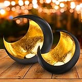 2er Set Moderne Deko Kerzenhalter Teelichthalter Moon Groß 20cm Gold | Herbst Deko Windlicht Schwarz Außen Gold Innen | Orientalische Windlichter Kerzenständer aus Metall als Ramadan Dekoration