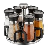 Relaxdays Gewürzkarussell, 6 Gewürzgläser, 360° drehbares Gewürzregal, Edelstahl, Glas, HxD: 16 x 17 cm, Silber/schwarz