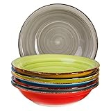 6-TLG. Tellerset Malaga | Bunte Suppenteller tief | 650 ml | Ø 21.5 cm | Salatteller rund | Servier-Schale | Steingut-Teller | handbemalt