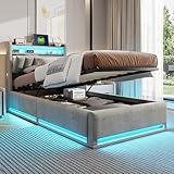 CDQL Polsterbett 90x200 cm mit Typ-C- und USB-Anschluss, Kopfteil mit Offenen Regalen und Verstecktem Stauraum, Bettgestell mit Lattenrost, LED-Bett, Einzelbett, Samt, Grau