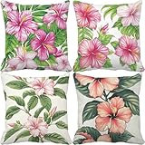 Outdoor Wetterfest Kissenbezug 40X40 CM 4er Set Türkis Sofakissen Blume Kissenbezüge Wasserdicht Leinen Outdoor Kissen HD Drucken Dekokissen für Garten Terrasse Bank Balkon Bauernhaus Geschenke E-H