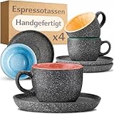 Cosumy Espressotassen mit Untertassen 4er Set - 90 ml Keramik, 𝗗𝗶𝗰𝗸𝘄𝗮𝗻𝗱𝗶𝗴𝗲𝘀 Steingut mit Handgefertigter Reaktiver Glasur - Hält Lange Warm (Bunt)