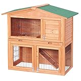 Wiltec 2 Etagen Nagerhaus 871 x 547 x 1000 mm, Hasenstall zweistöckig aus Fichtenholz, mit Bitumeneindeckung und Kotwanne, Kleintierhaus Freilauf Gehege