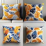 4er Set Kissenbezug 30x30cm Blaue und Gelbe Blätter Bezug Couchkissen Modern Sofakissen Dekorative Kissenhüllen Weich Zierkissen Art Deko Kissen für Schlafzimmer Wohnzimmer Sofa, Weihnachten N5045