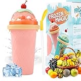 Slush Becher,Slushy Maker Becher,Silikon Squeeze Becher mit 2in1Strohhalm und Löffel, Wiederverwendbarer Eisbecher,Tragbarer Smoothie,DIY für Einsatz zu Hause im Freien（Rosa）