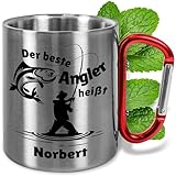 True Statements Edelstahltasse mit Karabiner personalisiert „Der beste Angler heißt WUNSCHNAME“ – ca. 330ml - Metalltasse mit Namen – lustiges Geschenk für Angler, Hobby Fischer, Männer zum Vatertag
