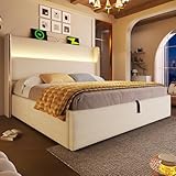 Abosbeet Doppelbett 160x200cm (Leinen-Optik Beige) mit Hoch-Kopfteil Hydraulik-Stauraum 60.000-Farben-LED USB/Type-C Ladestationen Modernes Bett ohne Matratze
