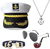 OWOAOOwl Yacht Kapitän Hut Kapitänsmütze Kostüm Set,Verstellbare Yacht Schiff Boot Marine Mütze Mit Sonnenbrille,Kapitänsmütze für Erwachsene Damen Männer für Karneval Mottoparty Partys Cosplay (A)