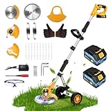 21V Rasentrimmer Mit Akku und Ladegerät 4in1 Freischneider Akku mit 2x2Ah Batterie, Rasentrimmer Elektrisch Teleslopstiel, Radkantenschneider 3 Arten Klingen, Mini Rasenmäher Motorsense 90° Drehkopf