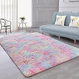 Shaggy Hochflor Teppich, Wohnzimmer Carpet - Anti-Rutsch Unterseite Soft Area Rug Fellteppich, für Küche oder Kinderzimmer, Schlafzimmer, Bettvorleger Flur Bodenmatte Regenbogenfarben (100 * 160cm)