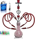 Shisha Komplettset mit 4 Schläuchen, 22'' Großes Shisha Kit für bis zu 4 Personen mit allem inklusive, Keramikschüssel | Premium-Schlauch| Schöne Glasvase (Rot Q1)