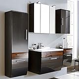 Badmöbel Set 5-teilig ● Hochglanz Anthrazit & Walnuss ● Badezimmer Komplettset: Spiegelschrank, Waschtisch mit Unterschrank, Hochschrank, Hängeschrank, Unterschrank