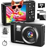 Digitalkamera 4K 64MP Digitalkamera mit SD-Karte 32G Autofokus Vlogging Kamera mit zwei 1200mAh Akkus für Fotografie, 16X Digitalzoom Mini Kompaktkamera für Kinder, Jugendliche