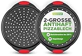 NutriChef Pizzablech 2er-Set Schwarz – Ø 32 cm, Antihaft, Gelocht, Carbonstahl Pizzaform mit Griff | Spülmaschinengeeignet, BPA-frei | Stapelbares Design