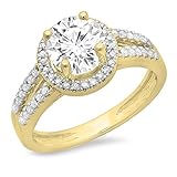 Dazzlingrock Collection Damen-Verlobungsring aus 14 Karat Gold, runder Moissanit und weißer Diamant, Halo-Stil, geteilter Schaft, Gelbgold, Moissanit-Diamant, Gelbgold, Moissanit Diamant