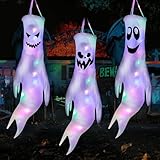 BUOAZR 3 Stück Halloween Deko Geister Windsäcke, Geist Windsack HäNgen Dekoration, mit Farbig LED Lichtern, 120CM Hängen Ghost Dekoration, für Zuhause, Hof, Garten, Halloween Party Deko