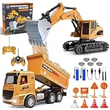Fernbedienung Bagger und Muldenkipper Spielzeug Set - RC Baufahrzeuge mit Straßenschildern, Barrieren, simulierten Steinen, Lichtern und Geräuschen, Geburtstagsgeschenk für Kinder 6-12 Jahre Jungen Mä
