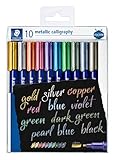 STAEDTLER metallic calligraphy Marker mit Kalligrafie-Spitze, Lininenbreite 2,8 mm, deckend auf hellem und dunklem Papier, leicht abwischbar von glatten Oberflächen, 10 Marker im Etui, 8325 TB10