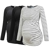 Smallshow Women's Umstandsmode Lange ärmel Umstandsshirt Maternity Tops 3er Pack,Black-Deep Grey-White Stripe,S