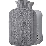 Wärmflasche mit Bezug – Weicher Premium Strickbezug – 1,8l groß Wärmeflasche, Wärmflasche Kinder, Bettflasche für Erwachsene für Kuschelige Nächte und Schmerzlinderung - Grau
