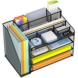 Docnest Briefablage mit 4 Ebenen und Aktenhalter, Schreibtisch-Organizer mit 3 Stifthaltern, Netz-Schreibtisch-Organizer mit 5 verstellbaren Fächern für Bürobedarf, Schwarz