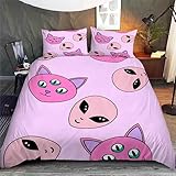 Bettbezug, 140 x 200 cm, außerirdischer Cartoon, Bettbezug aus Mikrofaser, 3D-Motiv, Reißverschluss, hypoallergen, Rosa, Kawaii, für Kinder, Bettwäsche, 2 Kissenbezüge, 50 x 75 cm
