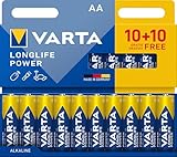 VARTA Batterien AA, 10+10 (20 Stück), Longlife Power, Alkaline, 1,5V, ideal für Spielzeug, Funkmaus, Taschenlampen, Verpackung zu 90% recycelt, Made in Germany