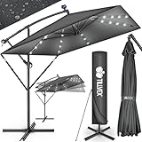 tillvex® Alu Sonnenschirm Rechteckig Ø 330 cm mit LED Solar + Abdeckung mit Kurbel | Ampelschirm mit Ständer & Windschutz | Gartenschirm UV-Schutz, wasserdicht, 360° drehbar | Kurbelschirm Marktschirm