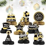 CHALA 9 Stk Silvester Deko 2025 Neujahr Tischdekoration Bienenwaben Silvester Tischdeko Schwarz Gold Neujahrsdekoration Happy New Year Deko Neujahrs Tischaufsätze Deko für Neujahr Party Silvesterdeko