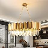 AOOCHOK Modern Kristall Pendelleuchte Gold Kronleuchter, Oval Kristall Hängeleuchte, Häengelampe für Wohnzimmer, Esszimmer, Schlafzimmer, Restaurant, E14 x 8,  80 x 35 cm