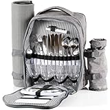 CampFeuer Picknickrucksack für 4 Personen | Grau | Picknickset 32-teilig | inkl. Flaschenhalter und Fleece Decke, großem Kühlfach, Geschirr und Besteck | Wanderrucksack, Campingrucksack
