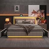 JiaOyu Polsterbett 180x200 cm mit USB-Ladefunktion & LED-Kopfteil, Stauraumbett mit 4 Schubladen, Jugendbett Doppelbett inklusive stabilem Lattenrost aus Holz, ohne Matratze (Beige, 180x200cm)