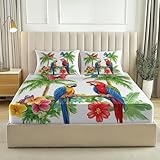 Spannbettlaken 135x200 cm - Papagei Blumen Schmetterling Gebürstete Polyester Mikrofaser Spannbetttuch - 30 cm Tiefe Tasche Weiches Atmungsaktives Spannbettlaken - Weiß