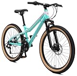 BIKESTAR Alu Mountainbike Jugendfahrrad 24 Zoll ab 9-14 Jahre Hardtail | 21 Gang Shimano Schaltung, Scheibenbremse, Federgabel | Kinder Fahrrad Türkis & Weiß | Risikofrei Testen