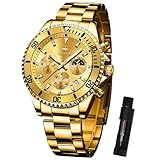 OLEVS Gold Uhr für Herren Analog Luxus Edelstahl Herren Armbanduhr Chronograph Leuchtende Herrenuhren mit Datum Wasserdicht Handgelenk Uhren Herren Großes Zifferblatt Leicht zu Lesen Mondphase