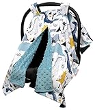 Überdachung für Babyschale – Dinosaurier-Dschungel mit marineblauen Minky-Punkten