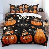 YUTNSAN Halloween Bettwäsche 135x200cm Kürbis Stern Katze Muster für Kinder Jungen Mädchen Weich Mikrofaser Orange Schwarz Bettbezug und Kissenbezug 80x80cm