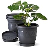 Blumentopf 3er Set 30 cm Durchmesser Anthrazit runder Pflanzkübel mit Untersetzer aus Kunststoff witterungsbeständiger Übertopf großer Pflanztopf Kräutertopf für Innen und Außen