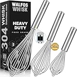 Walfos® Schneebesen -Set aus 3, 304 Non-Rust Schneebesen Edelstahl, Hitzebeständig 600°F, Ballonschneebesen 18cm, 23cm, 28cm zum Anrühren von Salatdressings oder zum Aufschlagen eines Eies,Silber