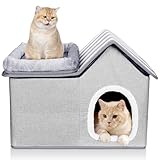 HEVOL Katzenhaus, Katzenhöhle Outdoor, Warm Hundehöhle, Abnehmbar Hundehütte mit Waschbarem Kissen und Plattform, Katzenhöhle für Draußen, Katzenhaus Höhle für Kleine und Mittlere Haustiere