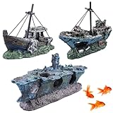 GOMETY 3PCS Schiffswrack Piratenschiff Set, Schiffswrack Ornamente Aquarium Schiffswrack Dekorationen, Mit Grün Gras Für Fische Garnelen Verstecken Aquarium Dekoration Harz Aquarium Zubehör