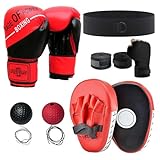 Handpratzen Boxen und 6oz Boxhandschuhe Set für Kinder, Handpratzen Boxpratzen Box Handschuhe Kinder Set mit 3 Boxen Reflexball und Boxbandage für Kick Boxen Training MMA Muay Thai Karate Taekwondo