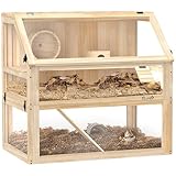 PawHut Hamsterkäfig aus Holz 3 Etagen Nagerkäfig Kleintierkäfig mit klappbarem Deckel Laufrad und Zubehör, Holzkäfig für Hamster Zwerghamster 80x50x76 cm Naturholz