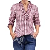Trachtenbluse Damen Rot Kariert Traditionelle Taillierte Trachten Bluse Oktoberfest Outfit Trachtenshirt Bayrische Trachten Hemd Trachtenmode