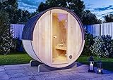 FinnTherm Fass-Sauna Mini XXS, 194 x 130 x 194 cm Gartensauna, Outdoor Sauna mit 42 mm Wandstärke, inkl. Montagematerial, Glastür aus Sicherheitsglas, 2-3 Personen, inkl. Dachschindeln, Außensauna